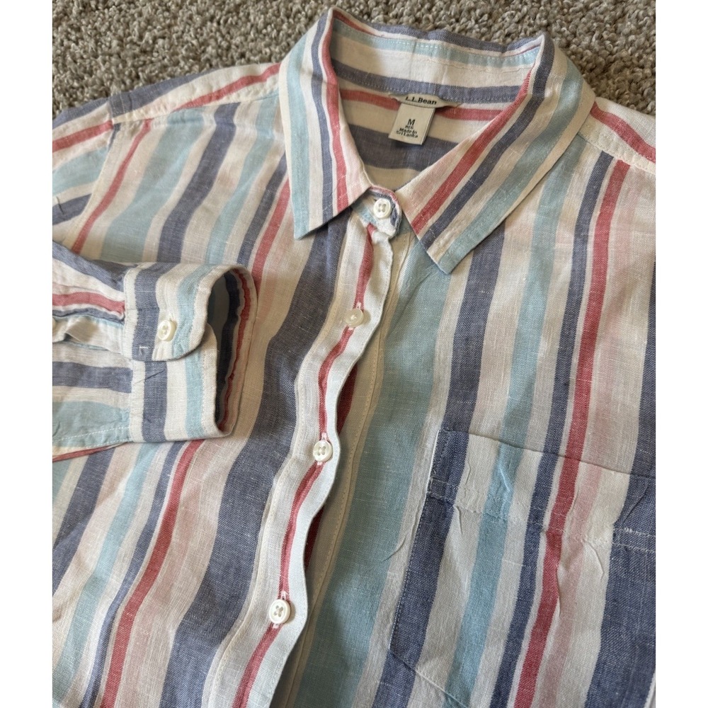LL Bean Womens 100% Linen Button Up Shirt‎ Long Sleeve Stripe Casual Medium